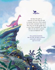 Ein kleiner Dino steht auf einem Hügel. Ein Logo mit einem Wal und "magellan" ist sichtbar. Text beschreibt eine poetische Geschichte.