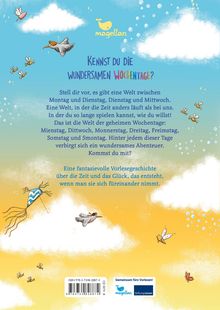 "Kennst du die wundersamen Wochentage?" Schreiben über geheime Wochentage. Himmel mit Wolken, Vögel, Bienen und ein Drachen.