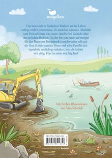 "Das Städtchen Wülsten verbirgt Geheimnisse am Badesee. Illustration zeigt Bagger, See, Boot mit Person, Frosch und Schnecken."