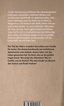 Ein abendliches Schneelandschaftsbild mit einer Geschichte über Verlust und Suche nach Freiheit. Brauner Hintergrund.