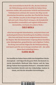 Zitate von Carlo Masala und Claudia Major über ein Buch zum Nahostkonflikt. Text beschreibt Eskalation und Autoren. Beige Hintergrund.