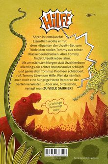 "HILFE" in großer Schrift, gefolgt von einem Text über Saurier. Illustration mit Dinosaurier und einem Hubschrauber.