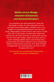 "Mathe versus Manga: zwischen Schulstress und Schattenkämpfern" ist in gelber Schrift auf rotem Hintergrund. Unten Weblink und ISBN.