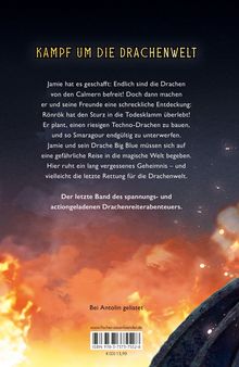 „KAMPF UM DIE DRACHENWELT“. Eine spannende Geschichte über Jamie und seinen Drachen auf einer magischen Reise. Feuriger Hintergrund.
