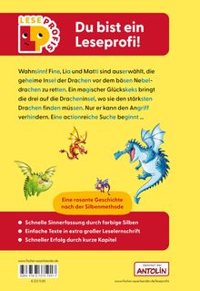„Du bist ein Leseprofi!“ Wahnsinn! Fine, Lia und Matti sind auserwählt. Buntes Cover mit vier bunten Drachen und Infos zu Lesemethoden.