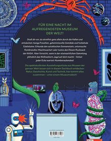 Für eine Nacht im aufregendsten Museum der Welt! Illustration mit Roboter, antiker Maske, Tentakel, Schmetterlingen.