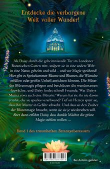 Oben steht: Entdecke die verborgene Welt voller Wunder! Unten ist ein botanisches Motiv mit Glaspavillon.