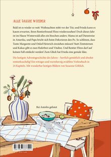 "ALLE JAHRE WIEDER" und weitere Textblöcke schildern eine humorvolle Weihnachtsgeschichte. Illustration: Tisch, Vase, Kekskrümel.
