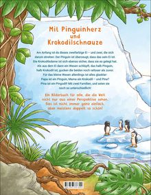 Ein Buchcover: „Mit Pinguinherz und Krokodilschnauze“. Illustration von Pinguinen auf Eis, von tropischem Wald umgeben.