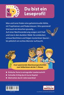 "Du bist ein Leseprofi!" Zwei Abenteuer für Kinder. Drei Kinder mit Taschenlampen, eine Fledermaus. Bunter, fröhlicher Stil.