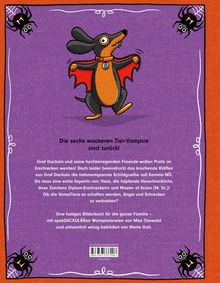 "Die sechs wackeren Tier-Vampire sind zurück!" Illustration zeigt eine Hundevampir-Figur mit rotem Umhang auf lila Hintergrund.