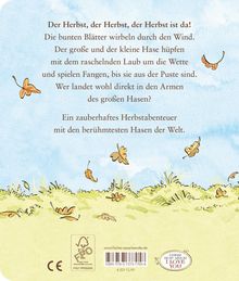 Text: "Der Herbst, der Herbst, der Herbst ist da! ... mit den berühmtesten Hasen der Welt." Illustration von Herbstblättern.