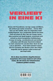 Text: "VERLIEBT IN EINE KI" in großen roten Buchstaben. Hintergrund hellblau und pixelartig gestaltet.