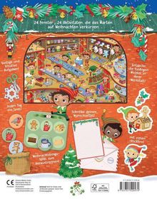 „24 Fenster – 24 Aktivitäten, die das Warten auf Weihnachten verkürzen.“ Bunte Illustration einer Elf-Werkstatt.