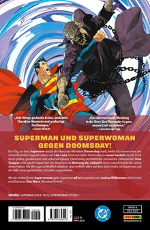 „SUPERMAN UND SUPERWOMAN GEGEN DOOMSDAY!“ Illustration von Superman im Kampf mit einem Monster in einer dynamischen Szene.