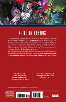 Titel: "KRIEG IM KOSMOS". Beschreibung zu galaktischen Konflikten mit Hulk, Black Panther. Illustration oben mit Superhelden.