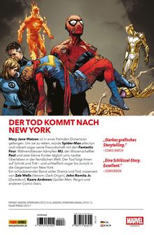 „DER TOD KOMMT NACH NEW YORK“. Spider-Man trägt bewusstlose Ms. Marvel; Fantastic Four und andere Helden daneben.