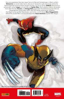 Eine actiongeladene Szene mit Spider-Man und Wolverine in dynamischen Posen, umgeben von comicartigen Illustrationen.