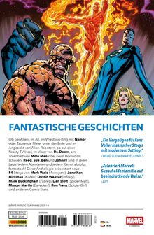 „FANTASTISCHE GESCHICHTEN“ steht groß oben, darunter vier Comic-Helden in dynamischen Posen vor feurigem Hintergrund.