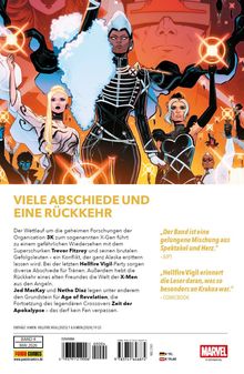 Text oben: "VIELE ABSCHIEDE UND EINE RÜCKKEHR". Illustration: Charaktere in dynamischen Posen vor einem roten Hintergrund.