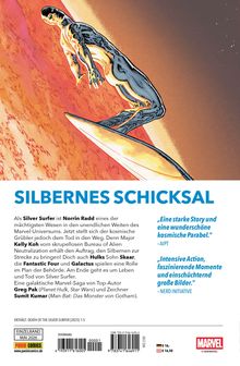 Oben: "SILBERNES SCHICKSAL". Darunter eine Illustration des Silver Surfer auf seinem Board im Weltraum.