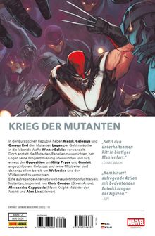 „KRIEG DER MUTANTEN“ steht oben. Wolverine kämpft in dramatischer Pose, umgeben von großen, bedrohlichen Robotern.