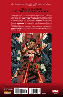 „Gewalttätig, kompromisslos und unmöglich aus der Hand zu legen.“ Illustration: Frank Castle mit Waffen, rote Zielstrahlen.