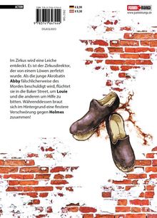 Text über einen Zirkusmord mit Akrobatin Abby und einer Verschwörung gegen Holmes. Illustration: Alte Schuhe auf Backstein.