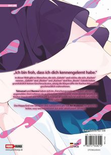 „Ich bin froh, dass ich dich kennengelernt habe.“ Beschreibung einer Fantasy-Welt mit „Gabeln“ und „Kuchen“. Empfehlung ab 18. Farbiges Manga-Cover mit abstrakten Mustern.