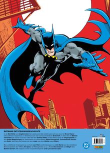 BATMANS ENTSTEHUNGSGESCHICHTE. Illustration von Batman, der über einer roten Skyline fliegt.