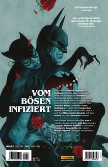 „Vom Bösen infiziert“. Illustration von Batman und Catwoman vor einer fallenden roten Rose.
