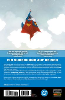 "Ein Superhund auf Reisen" schildert Krypto, Supermans Hund, der Aliens bekämpft. Superman und Krypto tragen rote Umhänge, sitzen auf Wolken.