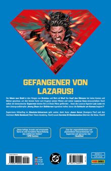 GEFANGENER VON LAZARUS! Illustration zeigt Superman in Aktion, umgeben von rot-orangefarbenen Energiestrahlen.