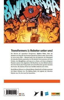 "Transformers 1: Roboter unter uns!" Illustration: Roboter in Flammen, blauer Schriftzug "BWAAMM" darüber, Text über Optimus Prime.