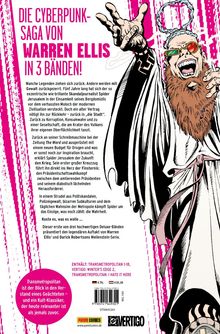 Titel in kräftigem Pink: "DIE CYBERPUNK-SAGA VON WARREN ELLIS IN 3 BÄNDEN!" Ein bärtiger Mann lacht wild gestikulierend.