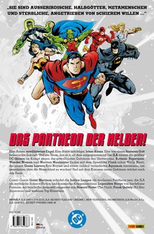 Texte: „SIE SIND AUSSERIRDISCHE, HALBGÖTTER...“ und „DAS PANTHEON DER HELDEN!“. Illustration von Superhelden in Aktion.