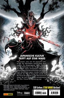 JAPANISCHE KULTUR TRIFFT AUF STAR WARS. Ein Krieger mit rotem Lichtschwert vor einem düsteren Baum in dynamischer Pose.