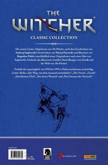 "The Witcher Classic Collection" beschreibt erste Comic-Adaptionen. Unten kämpfen zwei Figuren mit Schwertern. Logos unten.