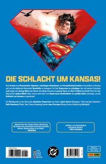 "Die Schlacht um Kansas!" Text oben, Superman im roten Diamant-Logo in dynamischer Pose über blauem Hintergrund.