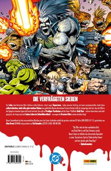 „DIE VERFRÄGTEN SIEBEN“ steht in großen Buchstaben. Eine dynamische Comic-Illustration zeigt bewaffnete Figuren im Kampf.