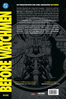 Die Überschrift lautet: "DIE VORGESCHICHTEN ZUM COMIC-MEILENSTEIN WATCHMEN". Nite Owl und Rorschach sind zentrale Figuren. Links steht groß "BEFORE WATCHMEN" auf gelbem Hintergrund. Unten befinden sich Preise und Verlagsinformationen. Eine schwarz-weiße Comic-Illustration zeigt Nite Owl am Steuerrad mit Rorschach im Hintergrund.