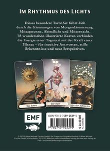 "IM RHYTHMUS DES LICHTS" beschreibt ein Tarot-Set mit 78 Karten, das Tageszeiten und Pflanzenkraft thematisiert. Drei Tarotkarten abgebildet: "Die Sonne", "Der Narr", "Königin der Schwerter". Unten ein EMF-Logo und ISBN.