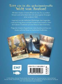 Ein Text lädt in die geheimnisvolle Welt von Avalon ein. Unten sind drei Orakelkarten abgebildet: "Feenreich," "Befreiung," "Imbolc."