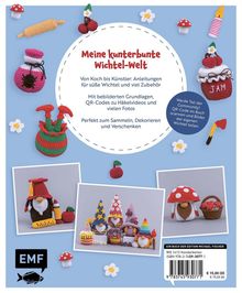 "Meine kunterbunte Wichtel-Welt", Anleitungen für Wichtel und Zubehör. Bunte Häkelgegenstände auf blauem Hintergrund.