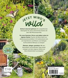 JETZT WIRD'S wild. Einfach naturnah gärtnern. Naturgarten-Logo. Verschiedene Gartenmotive mit Pflanzen, Wasserkanne, Schmetterling.