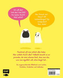 Zwei Geister mit Sprechblasen. "Ich will das!" "Am besten ALLES!" "Erbsen? UFF." Hintergrund gelb. Text erzählt humorvoll über Wünsche.