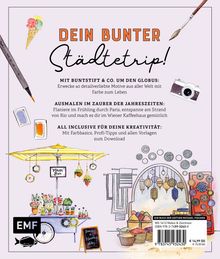 "Dein bunter Städtetrip!" steht in kräftigen Buchstaben. Illustrationen: Eis, Blumen, Kamera, Malutensilien, Marktstand.
