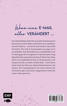 "Wenn eine E-MAIL alles VERÄNDERT..." steht in großer Schrift. Darunter ein Text über Sadie Wens E-Mails und Schuldrama. Unten links ist ein schwarzes Logo mit "EMF" und einem Fischsymbol. Der Hintergrund ist rosa mit Punkten.