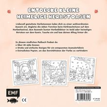 "Entdecke kleine heimelige Herbstoasen." Text beschreibt herbstliche Szenen mit Tieren. Drei Malvorlagen mit Tieren im Herbst. Logo "EMF".