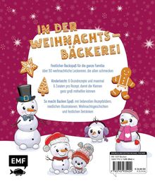 "In der Weihnachts-Bäckerei" auf rosa Hintergrund mit Schneemännern und Lebkuchenfiguren. Festliche und kinderleichte Rezepte.